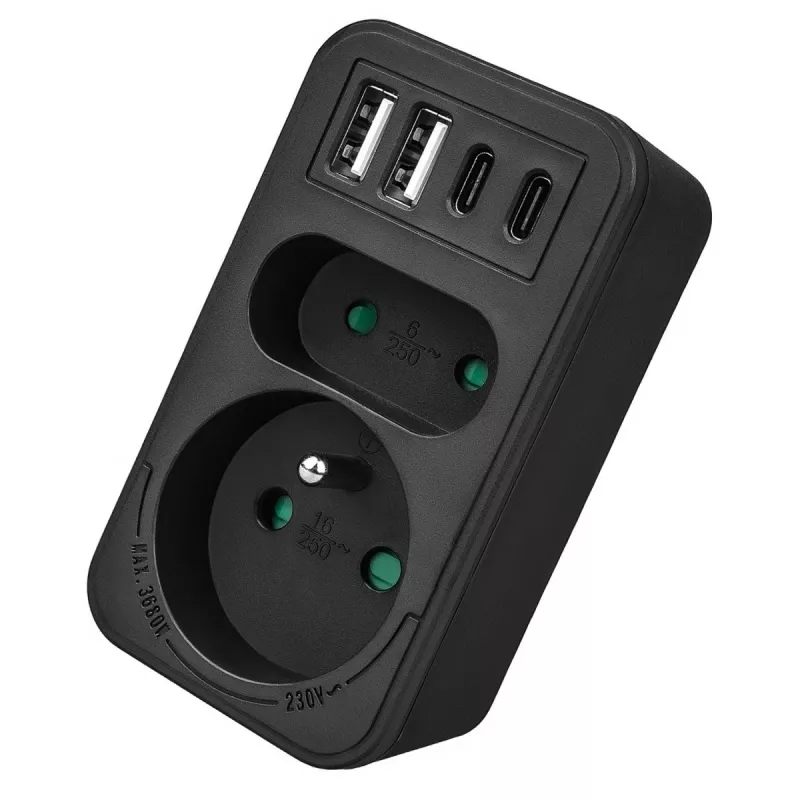 Πολύπριζο MACLEAN MCE249 F/B – 2 πρίζες AC (16A + 6A) με 2×USB-A και 2×USB-C PD 20W, βύσμα EU, μαύρο