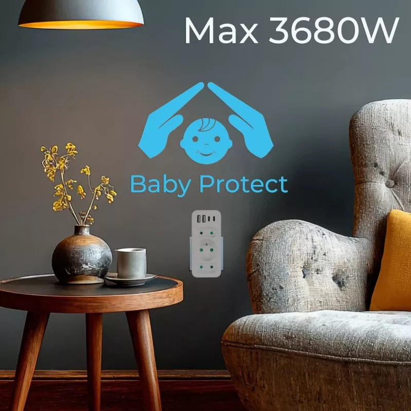 Πολύπριζο MACLEAN MCE248 F/W — 3 πρίζες AC (1×16A, 2×6A) + 4×USB (2×A, 2×C PD 20W), βύσμα EU, λευκό