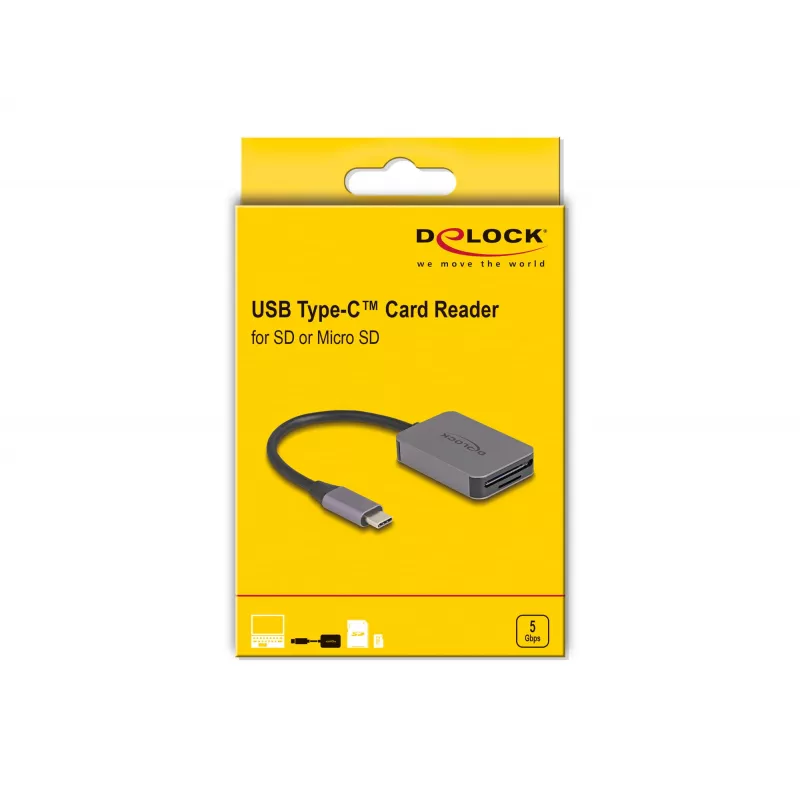 DeLOCK Αναγνώστης καρτών USB Type-C Αλουμίνιο SD Micro SD 5000 Mbit/s