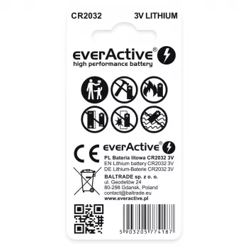 Λιθίου κουμπί everActive CR2032 — 3V, 20 mm, 2 τεμ. συσκευασία blister