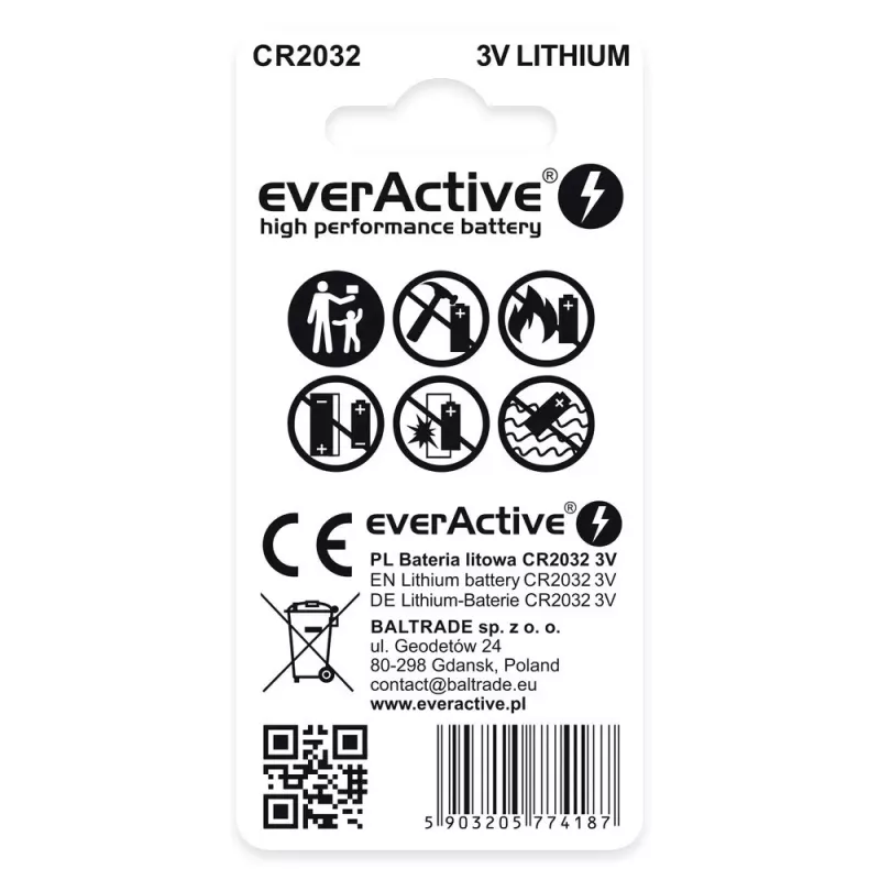 Λιθίου κουμπί everActive CR2032 — 3V, 20 mm, 2 τεμ. συσκευασία blister