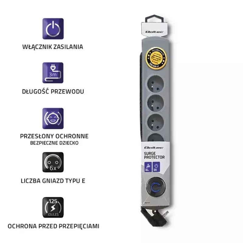 Προστασία Υπέρτασης Qoltec 50166 Γκρι 6 Πρίζες AC 230V 3m