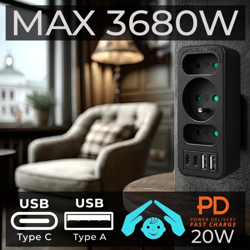 Πολύπριζο MACLEAN MCE248 F/B — 3 πρίζες AC (1x16A, 2x6A) και 4 θύρες USB (2xUSB‑A, 2xUSB‑C PD 20W), βύσμα EU, μαύρο