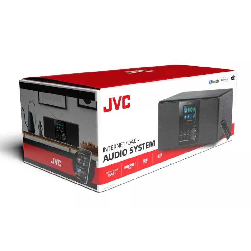 Ραδιόφωνο Internet JVC RA-E981B — ροή Wi‑Fi & Bluetooth, DAB+, FM, 2x5W, 40 μνήμες σταθμών, USB, AUX, οθόνη LCD
