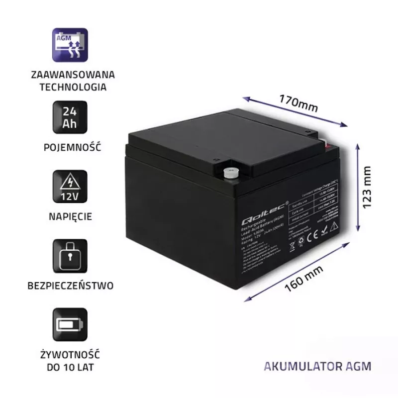 Qoltec 53036 μπαταρία AGM | 12V | 24Ah | max 360A