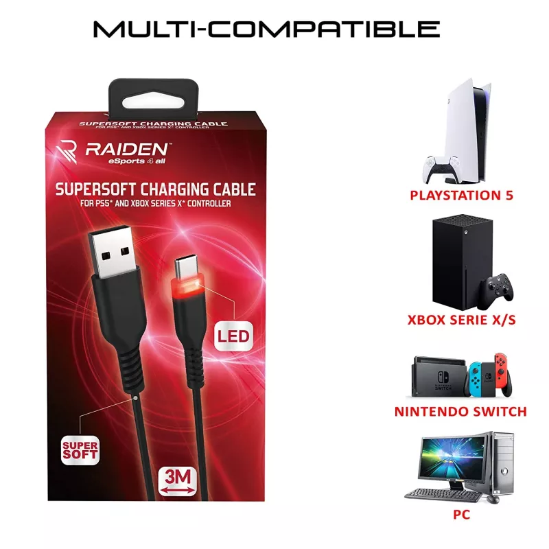 Καλώδιο φόρτισης USB-C SUBSONIC SA5601 3 m – Συμβατό με PS5, Xbox, Nintendo Switch