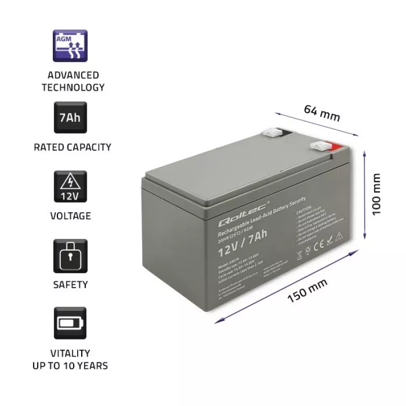 Qoltec 53076 μπαταρία AGM | 12V | 7Ah | ασφαλείας