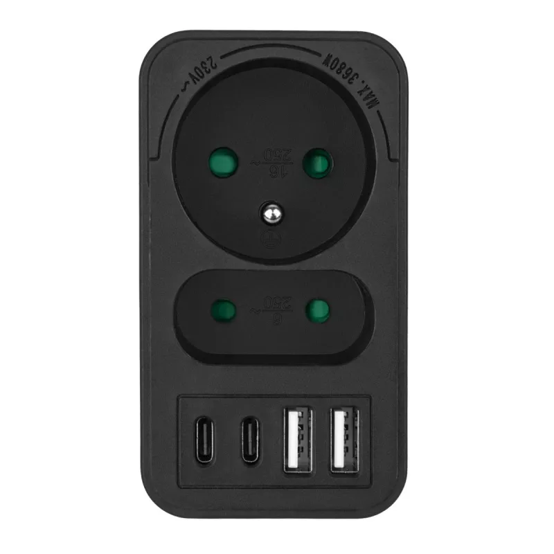 Πολύπριζο MACLEAN MCE249 F/B – 2 πρίζες AC (16A + 6A) με 2×USB-A και 2×USB-C PD 20W, βύσμα EU, μαύρο