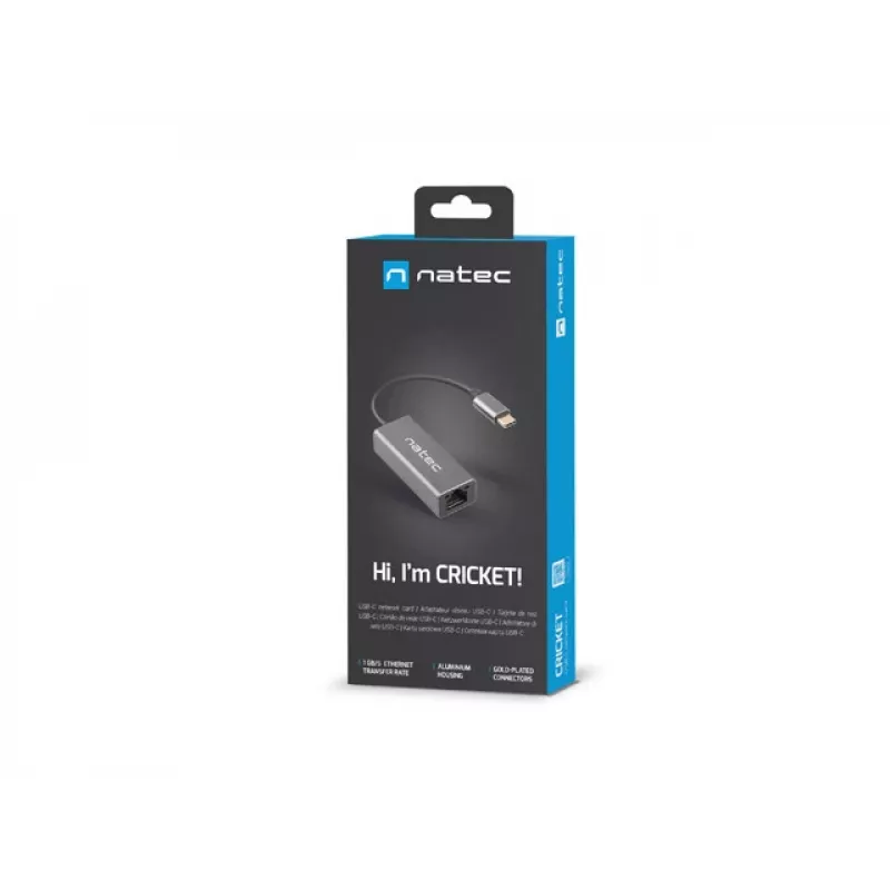 Natec Cricket NNC-1925 προσαρμογέας Ethernet USB-C 3.1 Gen 1 σε RJ45, 1000 Mbit/s, καλώδιο 15 εκ., αλουμίνιο, γκρι