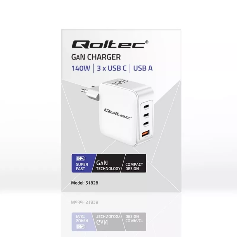 Φορτιστής QOLTEC 51828 140W GaN 3×USB‑C PD + 1×USB‑A QC 3.0 – πολυθύρα ταχυφορτιστής