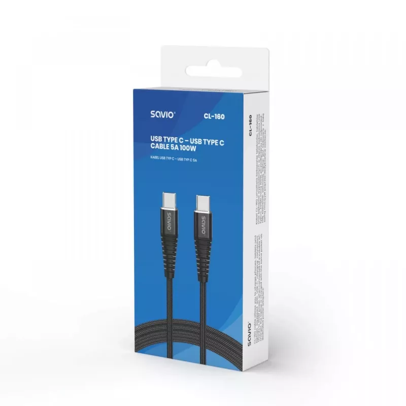 Savio CL-160 Καλώδιο USB 2 m USB 2.0 USB C - USB C Μαύρο