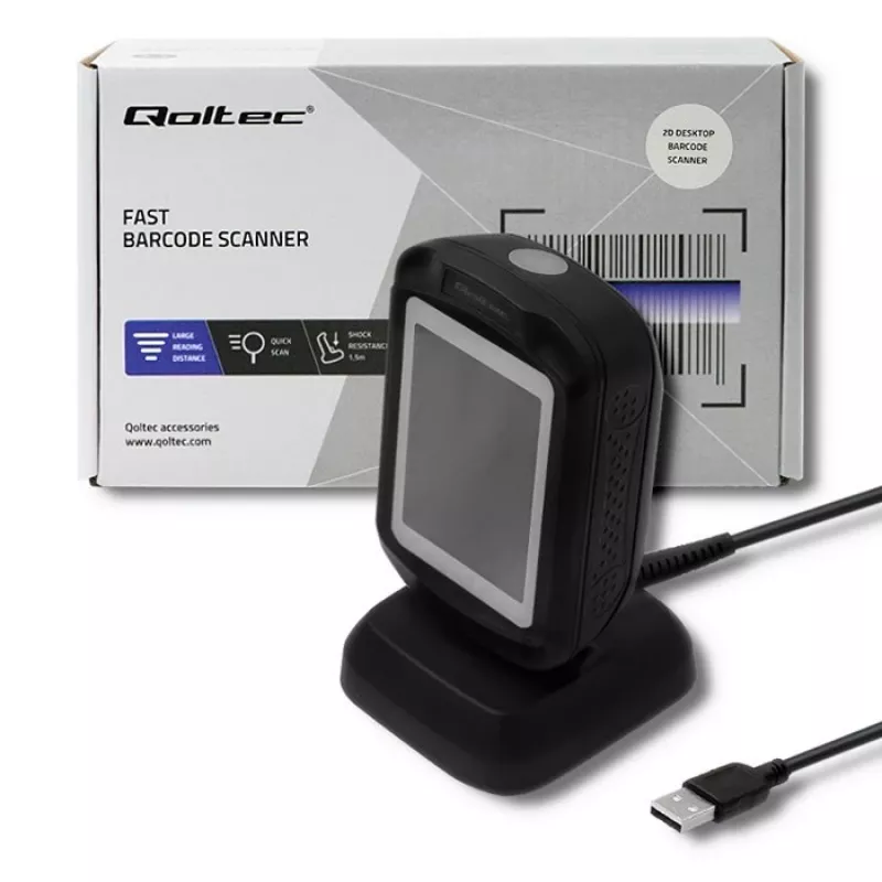 Σταθερός σαρωτής barcode 1D/2D QOLTEC 50864, αισθητήρας LED, USB (ενσύρματο), μαύρο, 145×85×80 mm