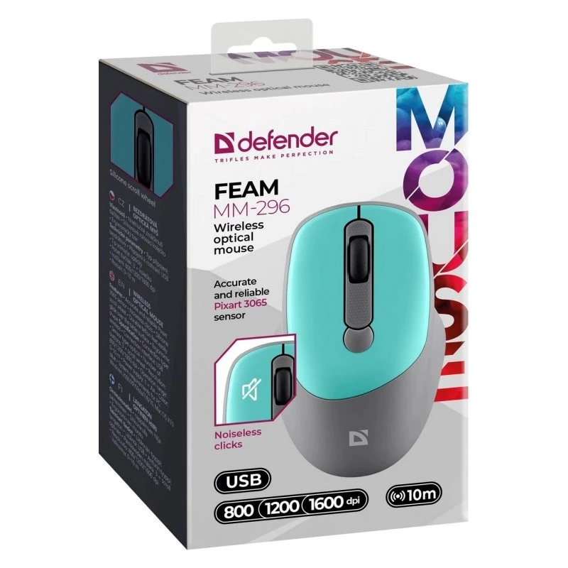 Defender Feam MM-296 52294 ασύρματο ποντίκι, αθόρυβο κλικ, οπτικό, 1600 DPI, USB, μέντα