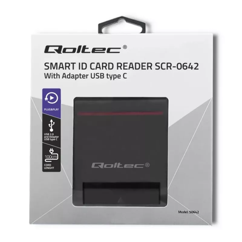 Αναγνώστης Καρτών ID QOLTEC Smart-Chip — USB, μαύρο, 84,5×65×16 mm, 63 g