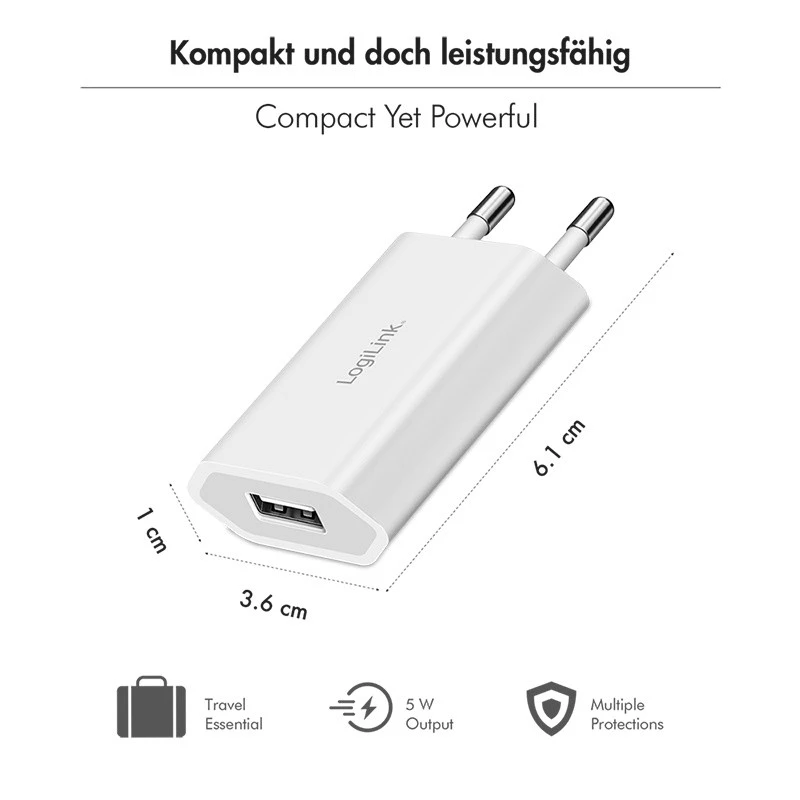 Αντάπτορας πρίζας USB-A, 5 W, 5 V/1 A, 1x USB-A, λευκό