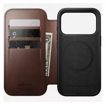 Θήκη κινητού Nomad Modern Leather Folio για iPhone 17 Pro, δέρμα/αλουμίνιο, 16 cm (6,3 ίντσες) καφέ, 4 θήκες καρτών