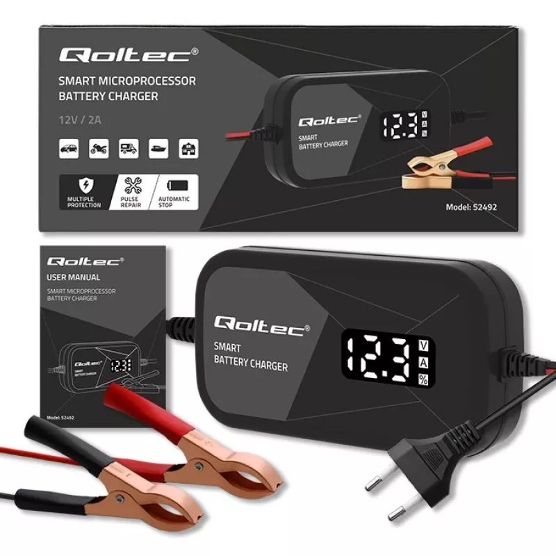 Φορτιστής μπαταρίας QOLTEC 52492 12V 2A με μικροεπεξεργαστή και αναγέννηση κυψελών