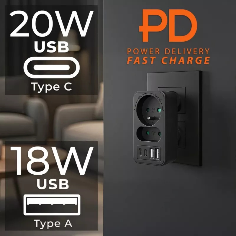 Πολύπριζο MACLEAN MCE249 F/B – 2 πρίζες AC (16A + 6A) με 2×USB-A και 2×USB-C PD 20W, βύσμα EU, μαύρο