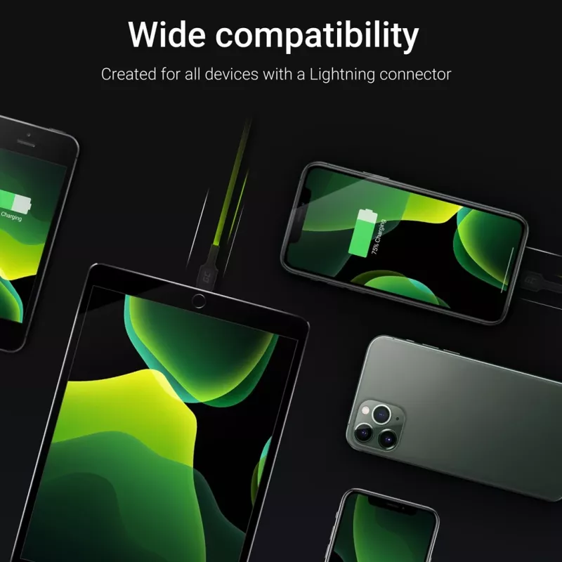 Καλώδιο Lightning σε USB-A Green Cell KABGC12, 2 m, Lightning – USB A, μαύρο