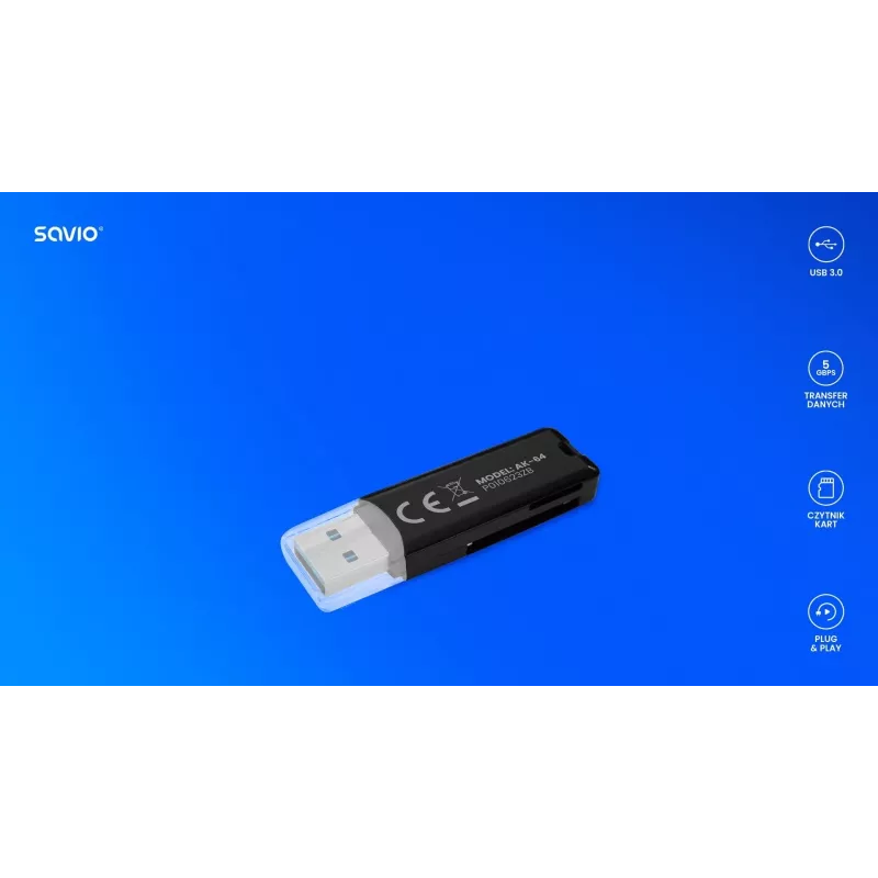 Αναγνώστης καρτών SAVIO AK-64 USB 3.2 Gen 1 έξοδος Type-A, υποδοχή MicroSD, 5000 Mbit/s, μαύρο