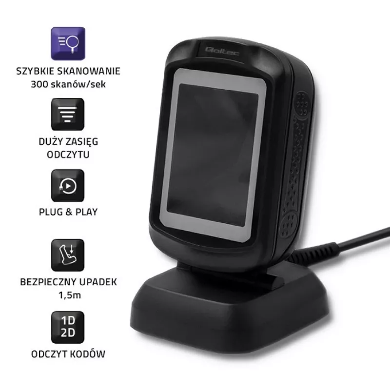 Σταθερός σαρωτής barcode 1D/2D QOLTEC 50864, αισθητήρας LED, USB (ενσύρματο), μαύρο, 145×85×80 mm