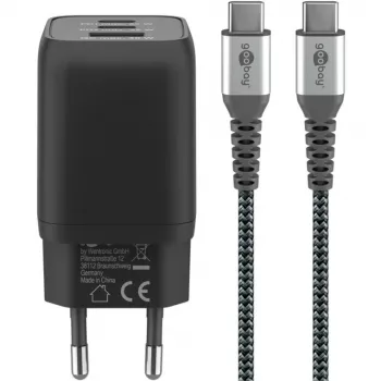 USB-C Fast Charger Nano, PD, GaN, 65 Watt, USB-C πλεκτό καλώδιο (μαύρο, 1x USB-A, 2x USB-C PD, Quick Charge 3.0, καλώδιο 1 μέτρου)