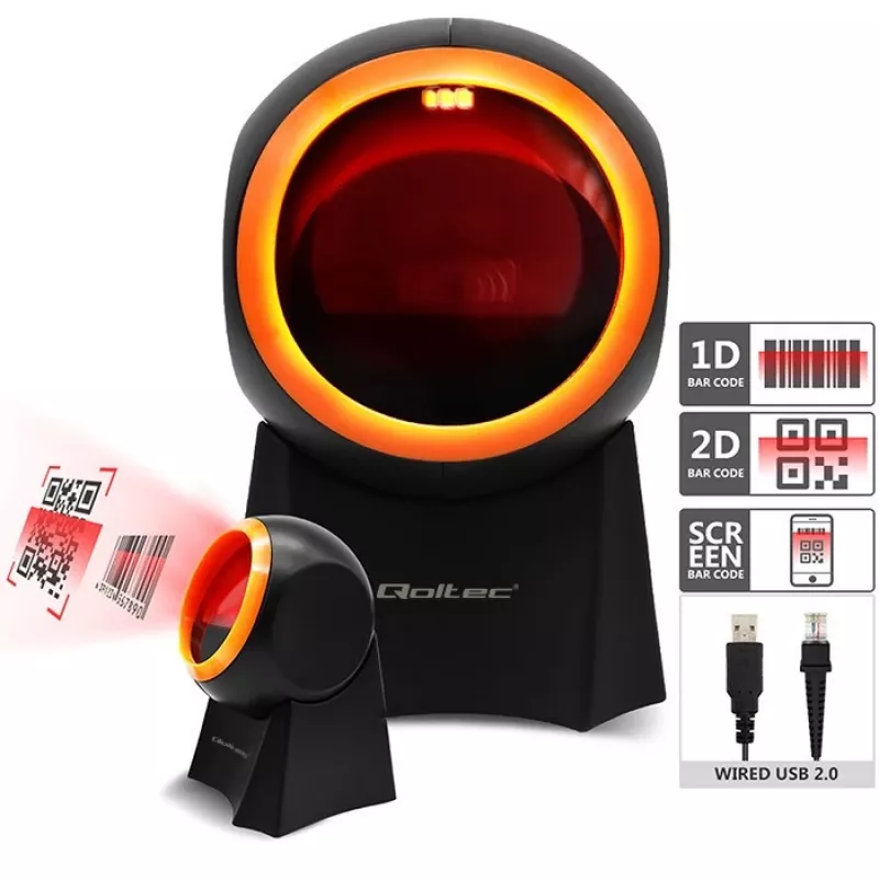 Qoltec 50857 ενσύρματος επιτραπέζιος σαρωτής barcode, 1D/2D, QR, USB, καλώδιο 1,75 m