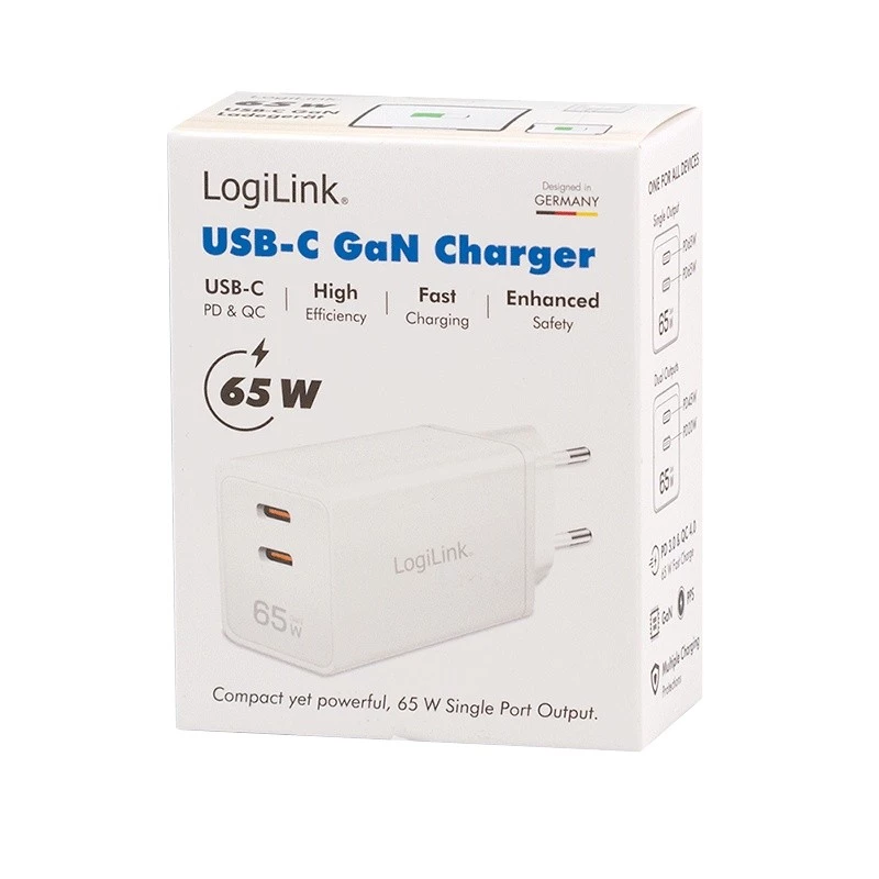 Διπλός αντάπτορας πρίζας USB 65W, 2xUSB-C, λευκό