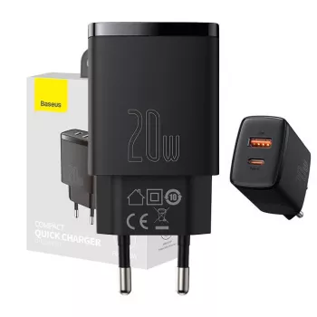 Εσωτερικός φορτιστής USB ταχείας φόρτισης Baseus CCXJ-B01 – 2 θύρες (USB-C PD 20W + USB-A QC3.0 18W), 100–240 V, μαύρο