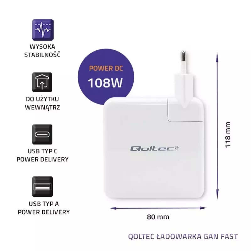 Qoltec GaN Charger FAST 108W | 5-20V | 3-4.7A | USB C | Λευκό