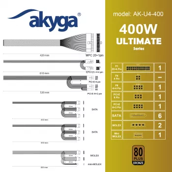 Τροφοδοτικό Akyga AK-U4-400 Ultimate 400 W ATX, 80 PLUS Bronze, ενεργό PFC, ανεμιστήρας 120 mm