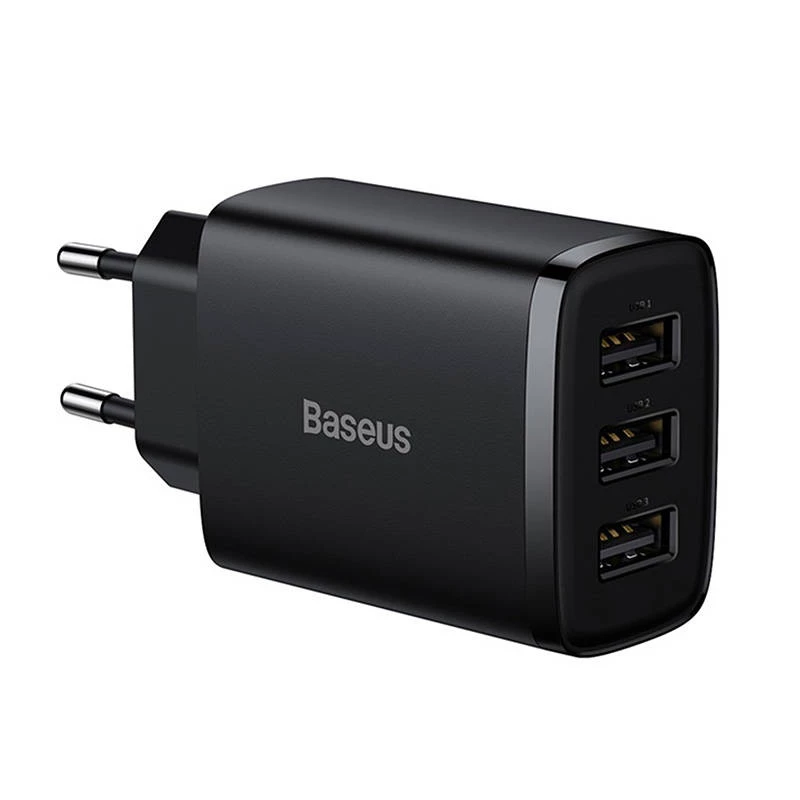 Baseus συμπαγής ταχυφορτιστής, 3x USB, 17 W (μαύρο)