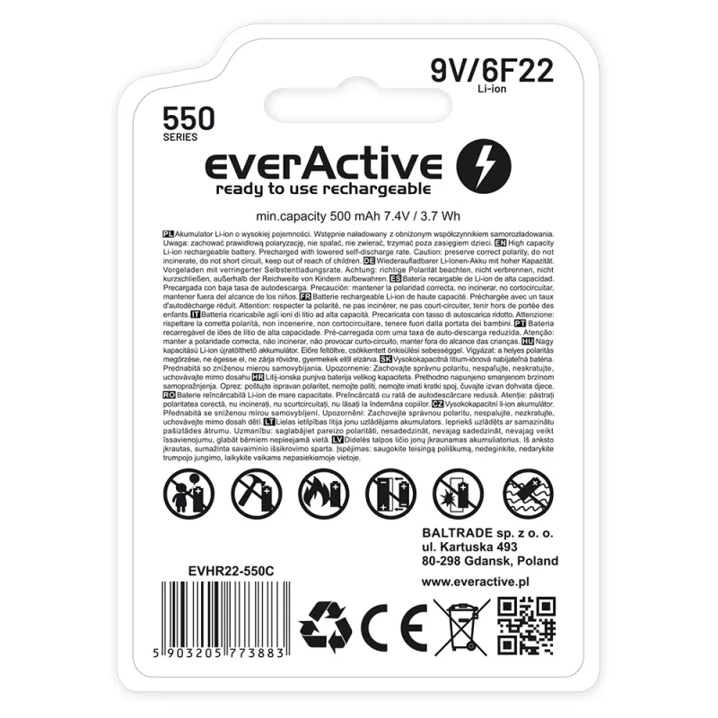 Επαναφορτιζόμενη μπαταρία everActive 6F22/9V Li-ion 550 mAh με USB TYPE C