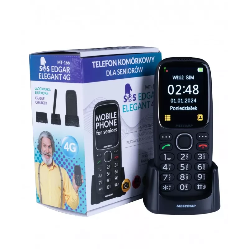Κινητό τηλέφωνο για ηλικιωμένους Mescomp MT-166 Edgar Elegant 4G, 2,4", μαύρο