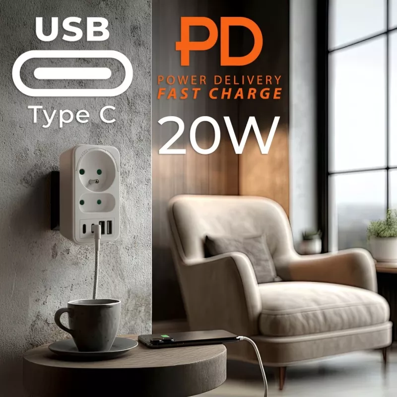 Πολύπριζο MACLEAN MCE249 F/W – 2x πρίζες ρεύματος (16A + 6A) και 4x USB (2x A, 2x C PD 20W)