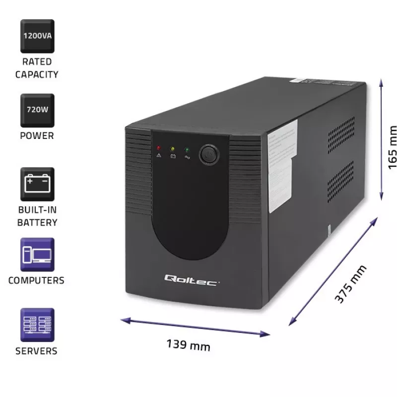 Qoltec Monolith 53775 UPS Line-Interactive, 1200 VA (1,2 kVA) / 720 W, AVR, 4 πρίζες AC, μαύρο