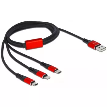Καλώδιο φόρτισης USB DeLOCK 3 σε 1 Type-A σε Lightning / 2 x USB Type-C 1 m μαύρο / κόκκινο