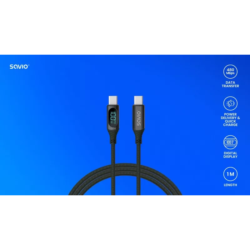 Savio CL-174 καλώδιο USB-C σε USB-C, 100 W, Power Delivery/Quick Charge, ψηφιακή οθόνη, 1 μ., πράσινο