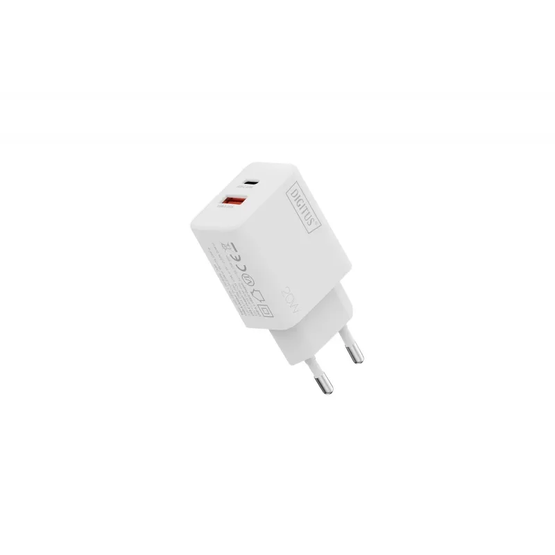 Φορτιστής AC USB DIGITUS 20W, 1x USB-C, 1x USB-A, είσοδος 100–240V, λευκό