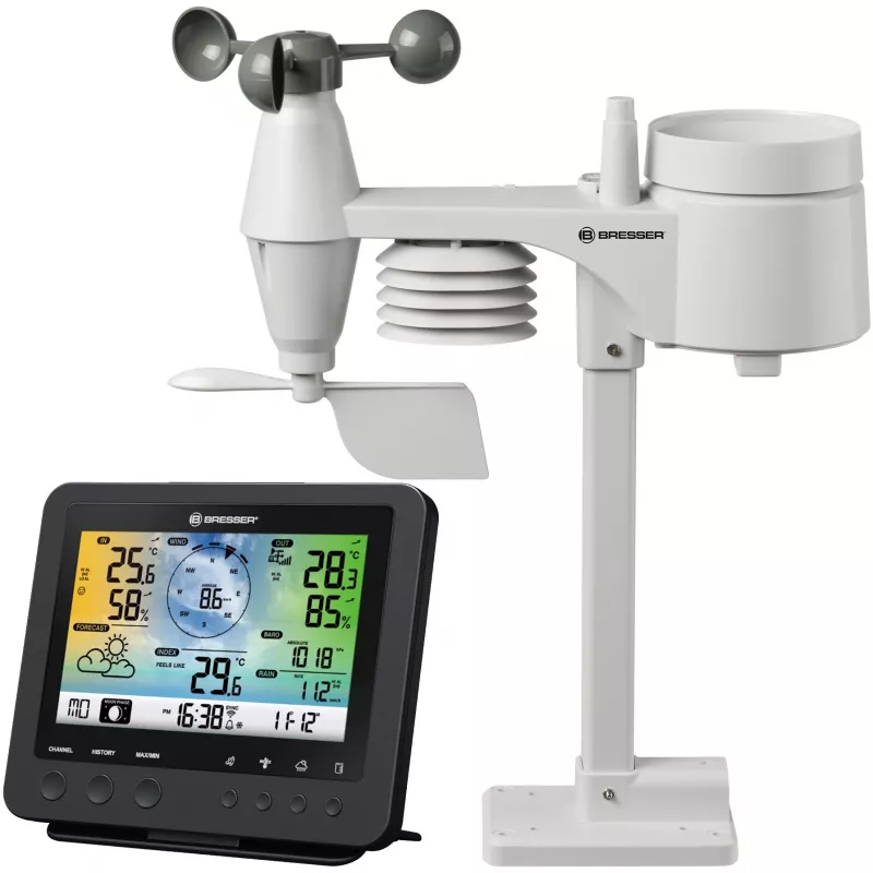 Bresser 7002580 Weather Center 5-in-1 ψηφιακός μετεωρολογικός σταθμός Wi-Fi με επαγγελματικό αισθητήρα, οθόνη 5,7″, ρεύμα δικτύου, μαύρος