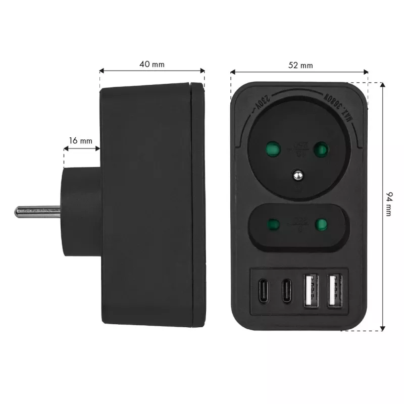 Πολύπριζο MACLEAN MCE249 F/B – 2 πρίζες AC (16A + 6A) με 2×USB-A και 2×USB-C PD 20W, βύσμα EU, μαύρο