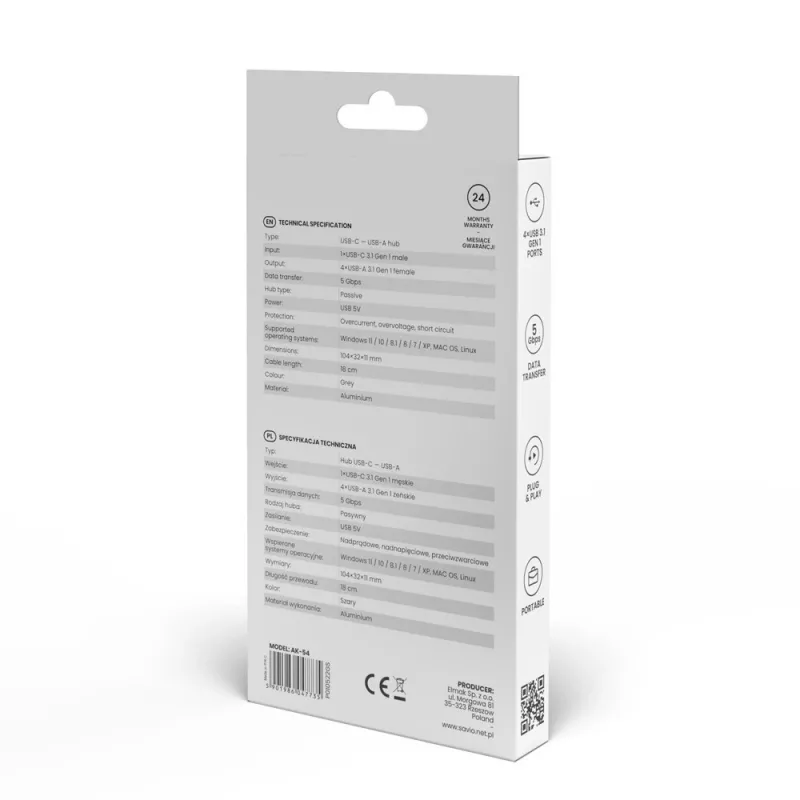 USB Hub SAVIO AK-54 — 4 x USB-A (USB 3.2 Gen 1), USB-C host, μαύρο