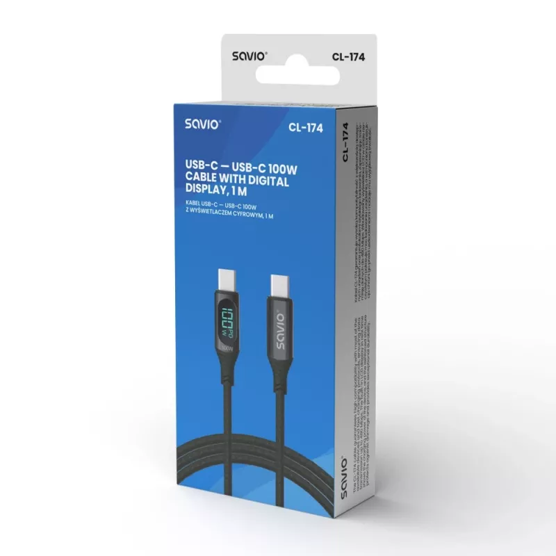 Savio CL-174 καλώδιο USB-C σε USB-C, 100 W, Power Delivery/Quick Charge, ψηφιακή οθόνη, 1 μ., πράσινο