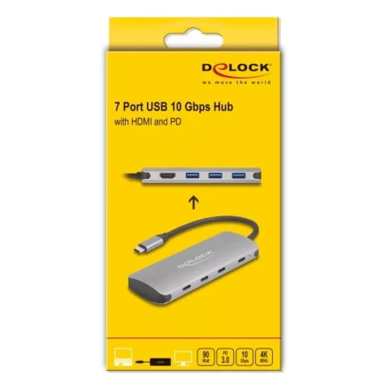 USB-C Hub DELOCK 64323 — USB 3.2 Gen 2 Type-C-Host, HDMI + 2× USB-A + 2× USB-C, 10 Gbit/s, γκρι
