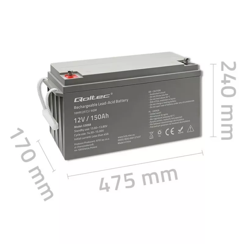 Qoltec 53068 Μπαταρία AGM | 12V | 150Ah | max. 2250A