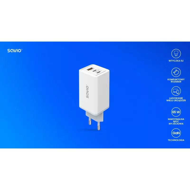 Τροφοδοτικό SAVIO LA-07 GaN 65W, USB, QC4.0+, PD 3.0, Λευκό