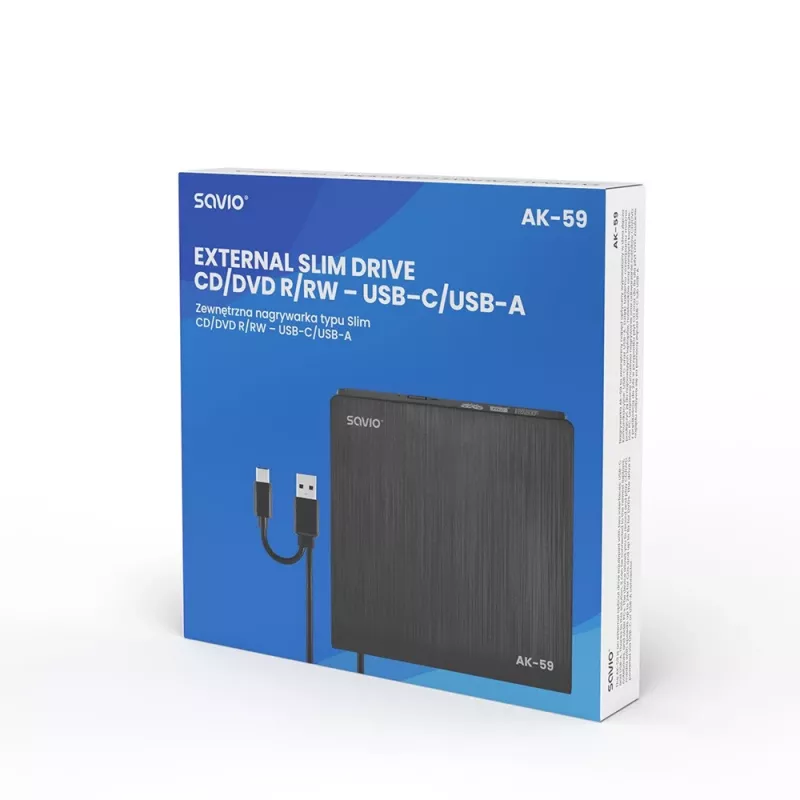 SAVIO AK-59 Εξωτερικός λεπτός εγγραφέας CD/DVD R/RW - USB-C/USB-A, μαύρο