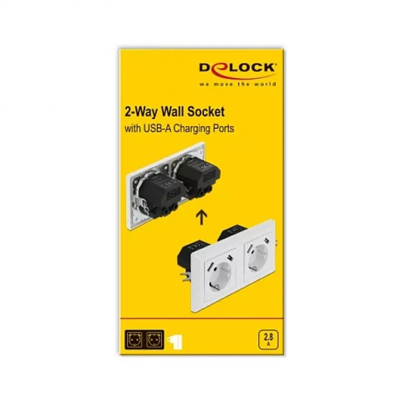 Πρίζα τοίχου DeLOCK 2 θέσεων με 4 θύρες USB 2 x 2,8 A