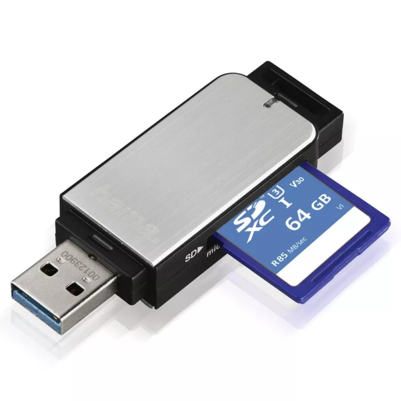 Hama 123900 αναγνώστης καρτών USB 3.0 SD/microSD, αλουμίνιο, μαύρο/ασημί