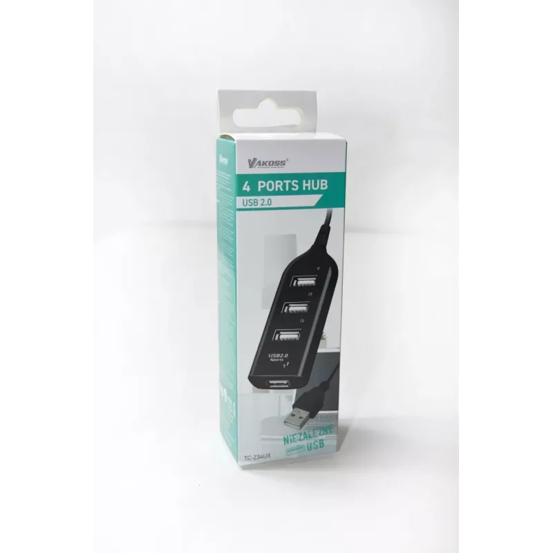 VAKOSS USB Hub TC-234UX — Hub USB 2.0 4 θυρών, τροφοδοσία DC (5 V, 1 A), μαύρο